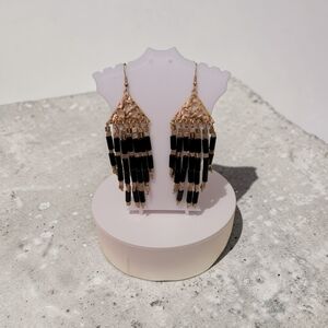 10/ $10 Plunder Gold and Black Beaded Fringe Drop Earrings - Women Jewelry